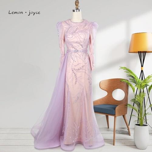 Lemon Joyce Beading Evening Dresses 2021 Elegant O-Neck Long Sleeves A-line Formal Evening Gown Party Dresses