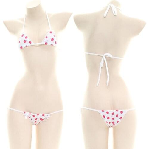 Lovely Sexy Womens Mini Strawberry Bandage Lace Trim Bikini Set Cosplay Japanese Lolita Soft Girl Bra & Panties Lingerie Suit