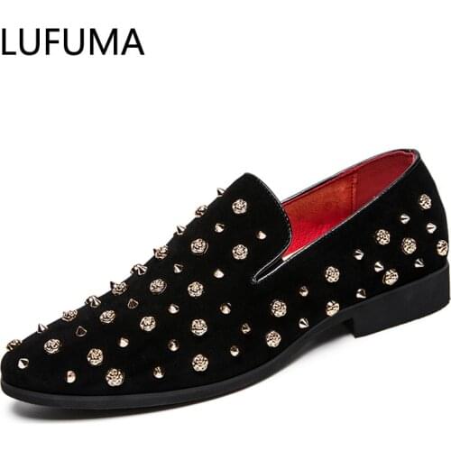 New Fashion Gold Luxury Men Velvet Dress shoes italian Sequins mens dress shoes Handmade Loafers Party Flats Zapatos Hombre