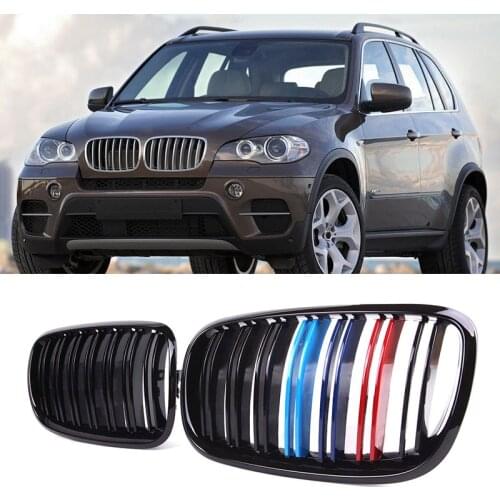 A Pair Gloss Black M Color Double Slat Kidney Grill Grille Front Bumper Grill For BMW E70 E71 E72 X5 X6 2007-2013 Racing Grill