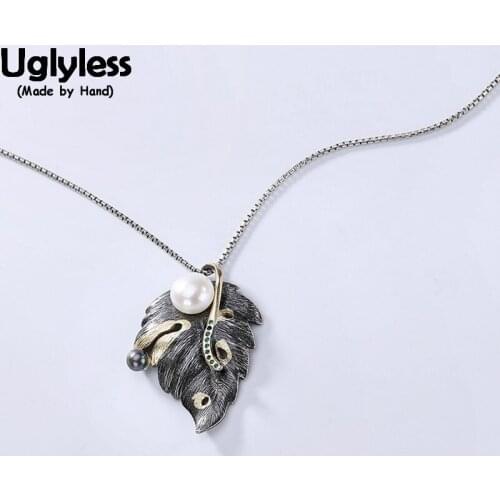 Uglyless Real 925 Sterling Silver Handmade Leaf Pendants for Women Natural Pearl Necklaces NO Chains Anti-fade Thai Silver Jewel