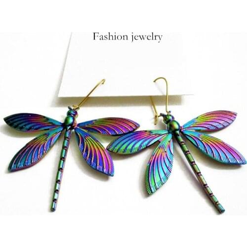 Rainbow colored Psychedelic lucky dragonfly Insect drop fancy unique Earrings Unique Earrings for women girls gift