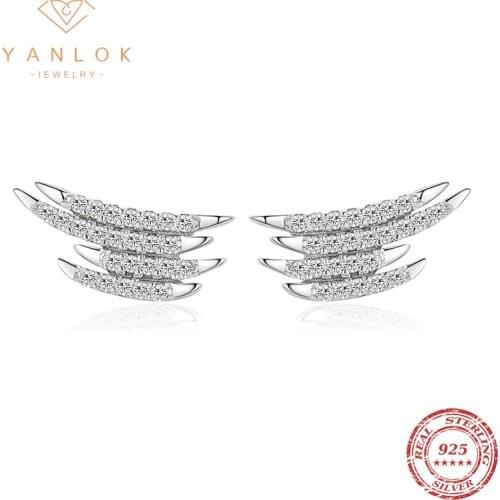 YANLOK Authentic 925 Sterling Silver Spakle Feather Wings Stud Earrings For Women Wedding Engagement Statement Jewelry Gift