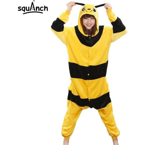 Yellow Black Stripe Bee Onesie Animal Kigurumis Soft Warm Flannel Pajama Adult Couple Women Funny Suit Cartoon Honeybee Fancy