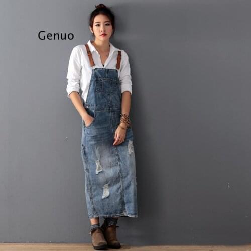 Women Loose Denim Dress Ladies Bleached Holes Denim Dress Female Spaghetti Strap Ripped Vintage Denim Dresses