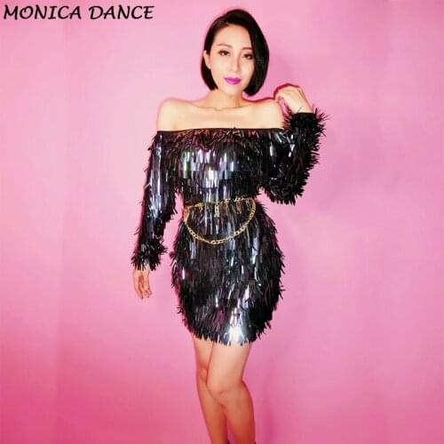 Women Sexy Stage Sparkly Colorful Sequins Dress Women Nightclub Birthday Shining Costume Prom Celebrate Flash chip Dance Dress