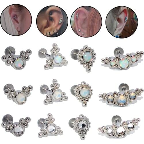 12PCS G23 Titanium&Steel Bar Opal Cluster Ear Tragus Helix Cartilage Snow Gem Earring Stud Labret Bar Ring Piercing Jewelry16g