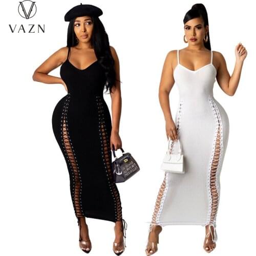 VAZN 2021 Casual Solid Bandage Bodycon Vintage Sleeveless Maxi Dress Spaghetti Strap Young Chiffon Slim Young Women Dress