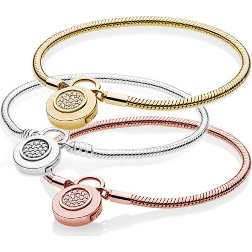 Authentic 925 Sterling Silver Moments Pave Padlock Clasp Snake Chain Bracelet Fit Original Charm For Women DIY Jewelry S925