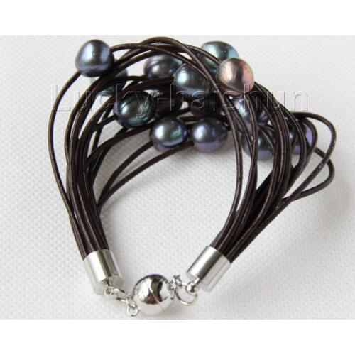 Free shipping 8" 13mm 15row black pearls wine red leather bracelet j9662 @^Noble style Natural Fine jewe