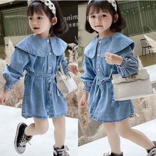 Childrens Denim Dresses Spring Autumn Baby Girl Sweet Big Lapel Denim Dress Kids Long Sleeve Dress 2-7 Y Toddler Girls Clothes