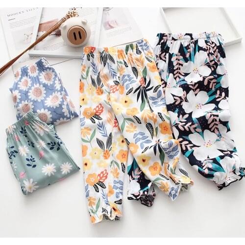 Girls Thin Cool Floral Loose Trousers Summer Cotton Casual Ankle-tied Kids Lantern Pants 90-140cm DT448