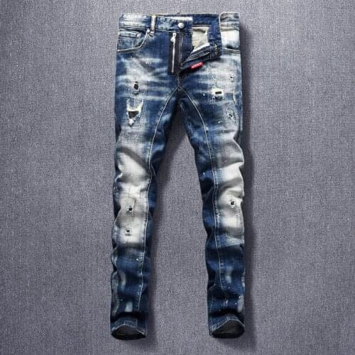 Italian Style Fashion Men Jeans Retro Blue Zipper Spliced Designer Hip Hop Ripped Jeans Men Streetwear Punk Denim Biker Pants