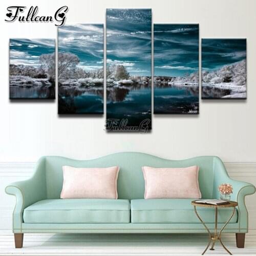 FULLCANG Snow lake natural scenery 5 piece diy diamond painting full square round drill mosaic embroidery sale decoration FG0183