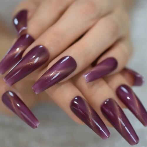 Grape Purple Cat Eye Coffin Nails Super Long Full Cover High Quality Fake Nail Acrylic Galaxy Abs Nail Art