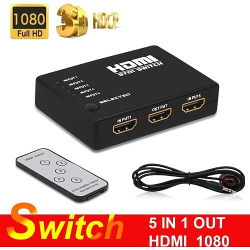 HDMI Splitter 1080P 5 Port Switch Connector With Remote Control 5x1HDMI HUB for HDTV DVD PS3 PS4 Projector HDMI Switcher Adapter