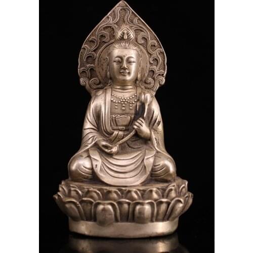 6"Chinese Folk Collection Old Bronze Gilt silver Guanyin Sitting Buddha Back light lotus Office Ornaments Town House Exorcism