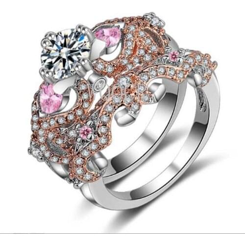 2 Pcs/Set Classic Round Cut Rings For Women Rose Gold Cubic Zircon Crystal Ring Set For Wedding Engagement Jewelry Womens Rings