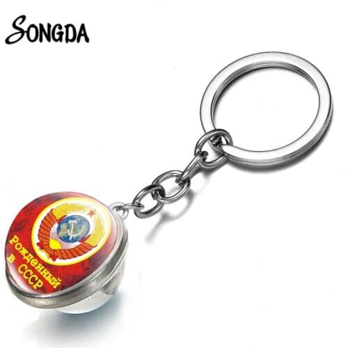 Classic CCCP Badge Keychain Silver Plated USSR Russia Communism Emblem Photo Print Glass Crystal Long Pendant Car Keyring