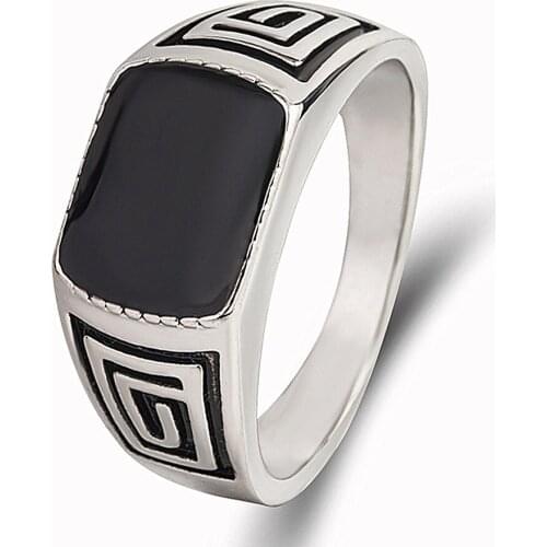 Vintage carving black enamel rings for men white gold silver color masculine cool jewelry bijoux bague accessories party gifts