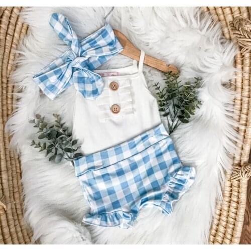 FOCUSNORM 0-24M Summer Baby Girls Boys Clothes Sets 3pcs Ruffles Sleeveless Romper Plaid/Floral Shorts Headband