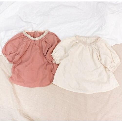 2021 Spring Summer Fashion Childrens Clothing Linen Cotton Baby Kids Girl Lantern Sleeve Lace Blouses Shirt Lolita Blouse