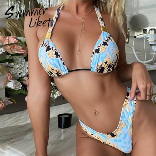 Halter swimsuit women Print swimwear female High cut bikini 2020 Bandage bathing suit Triangle biquini swim suit beach wear new