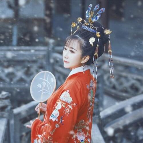 LYZ Qi Ming Tang Dynasty Blue Cloisonne Phoenix Hair Tiara Chinese Vintage Hand Carving Headwear Bride Wedding Hair Jewelry