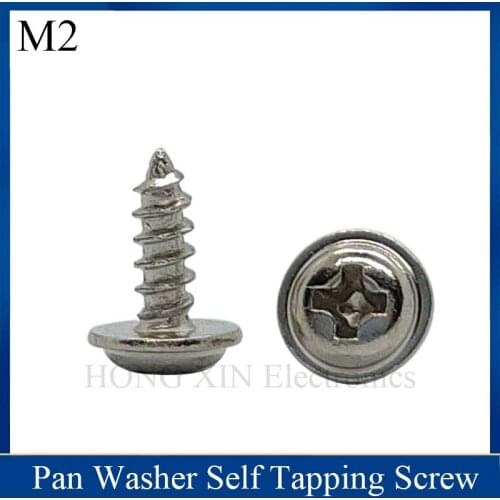 M2 Pan Washer Head Self Tapping Screw Metric Thread Phillips Cross Recessed Wafe Bolt Iron Steel Nickel Plated 100pcs
