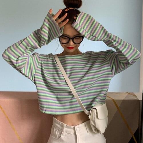 2020 Fashion Autumn T-Shirt New Hit Color Stripes Wild Long Sleeve Loose Flexible Short Tops