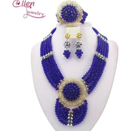 Fashion Royal Blue Nigerian Crystal Beads Necklace Bracelet Earrings Sets African Wedding Beads Jewelry Sets for bride E1014