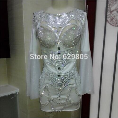 Fashion Sparkly White Womens Rhinestones Outfit Leotard Costume Long Sleeves Evening Party Dancewear Nightclub Performance