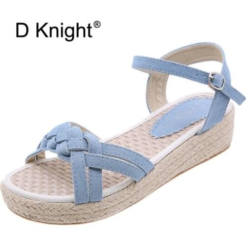 Summer New Denim Woven Espadrilles Wedge Sandals For Woman Buckle Strap Platform Thick-Soled Student Women Wedges Sandals Shoes