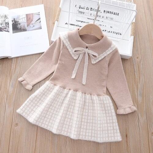 Girl clothes long-sleeve knitted plaid pleated dress autumn winter 1-8 years girl fashion dress casual warm dress party dress