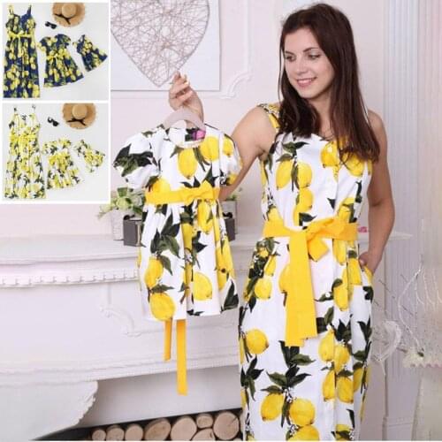 Lemon Print Mom And Baby Girl Matching Clothes Family Look Mother And Daughter Dresses Frenulum Mum Baby Girls Matching Dress