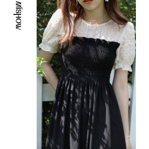 MISHOW Chiffon Dress Womens 2021 Summer New High Waist Puff Sleeve French Midi Black Dress Female Vestido + Blouse MXA26L0196