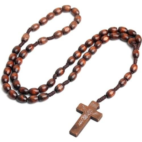 Q9QF Wooden Beads Cross Pendant Rosary Necklace Catholic Christian Religious Jesus Necklaces Men Women Jewelry Charm Gift