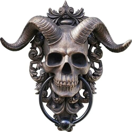 Horned Skull Hanging Door Knocker Gothic Heavy Duty Door Knocker Vintage Statues Garden Decoration Outdoor Pendants