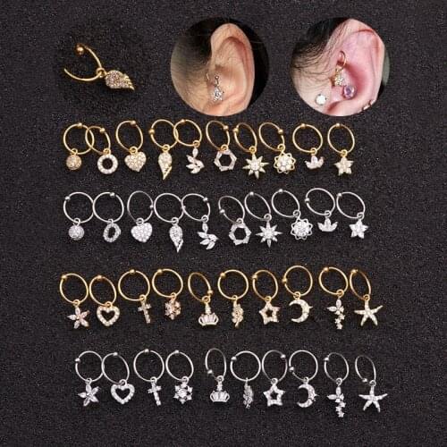 20 Style Gold Hoop Body Jewelry Moon Star Flower Heart Cross Geometric Pendant Zircon Cartilage Piercing Ear Cuff Earring