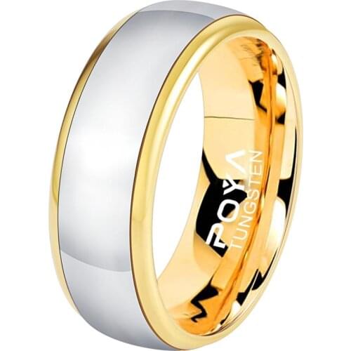 POYA TUNGSTEN Rings for Men 8 mm Gold Raised Edges Wedding Band High Polished Comfort Fit