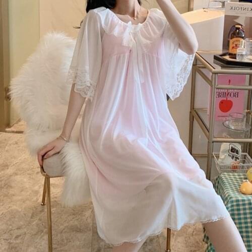 Women Nighty White Pink Vintage Nightgown Kawaii Lace Mesh Princess Sleepwear Loungewear Ladies Girl Peignoir Lolita Night Dress