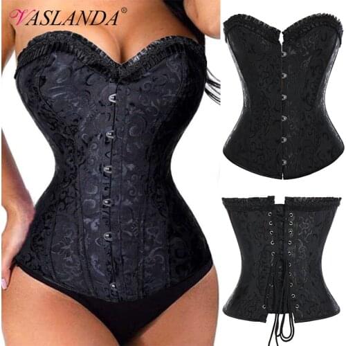 Women Bustiers & Corsets Jacquard Waist Training Corset Lace up Steel Boned Overbust Bustier Top Retro Gothic Steampunk Corselet