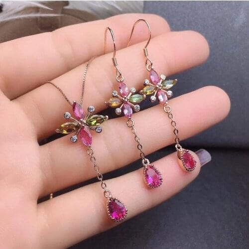 Fashion Clover Tassels Natural Multicolor tourmaline jewelry sets natural gemstone earring Pendant 925 silver women gift jewelry