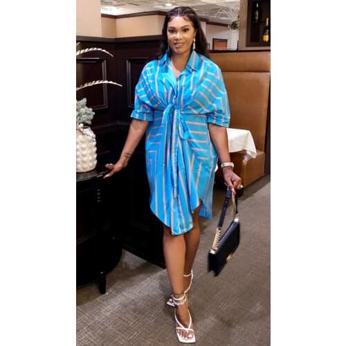 RMSFE 2021 Womens 7 / 4 Sleeve Lapel Fashion Casual Stripe Print Sexy Bandage Shirt Dress