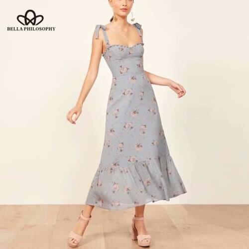 Bella philosophy women sexy spaghetti strap beach dress ladies floral print lace-up dress reffules female high waist dress