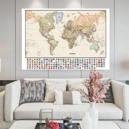 150*100cm The Retro World Map with National Flags Detailed Map Non-woven Canvas Painting Wall Poster Home Decor School Supplies