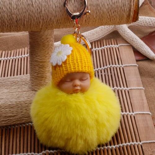 Sleeping Baby Doll Keychain Pompom Faux Fur Ball Car Keyring Baby Toy Key Chain Women Key Holder Bag Pendant Jewelry