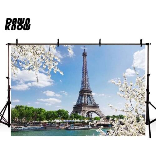 DAWNKNOW Eiffel Tower Flower Blue Sky Photography Background Wedding Photocall Photographic Backdrop Children Photo Studio GY062