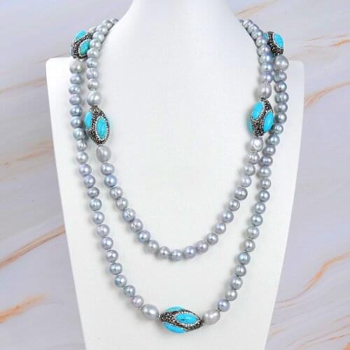 52'' 20mm Grey Keshi Pearl Blue Turquoise CZ Paved Long Necklace