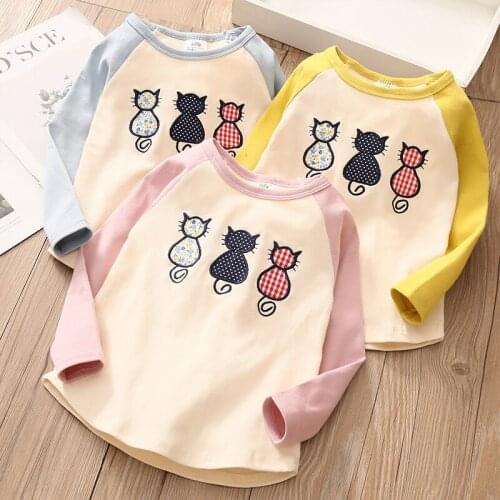2-8 Y Toddler Girls Long Sleeve T Shirt 2021 Spring New Kids Cartoon Cotton Tops Color Matching Cute Cat Casual Tshirt for Girl